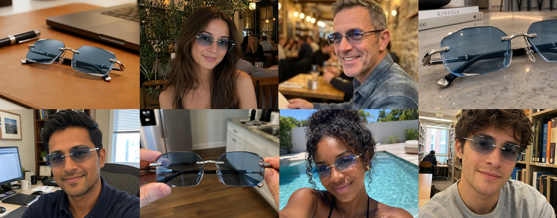 BlueLume customers wearing their glasses at home, at work, and outdoors